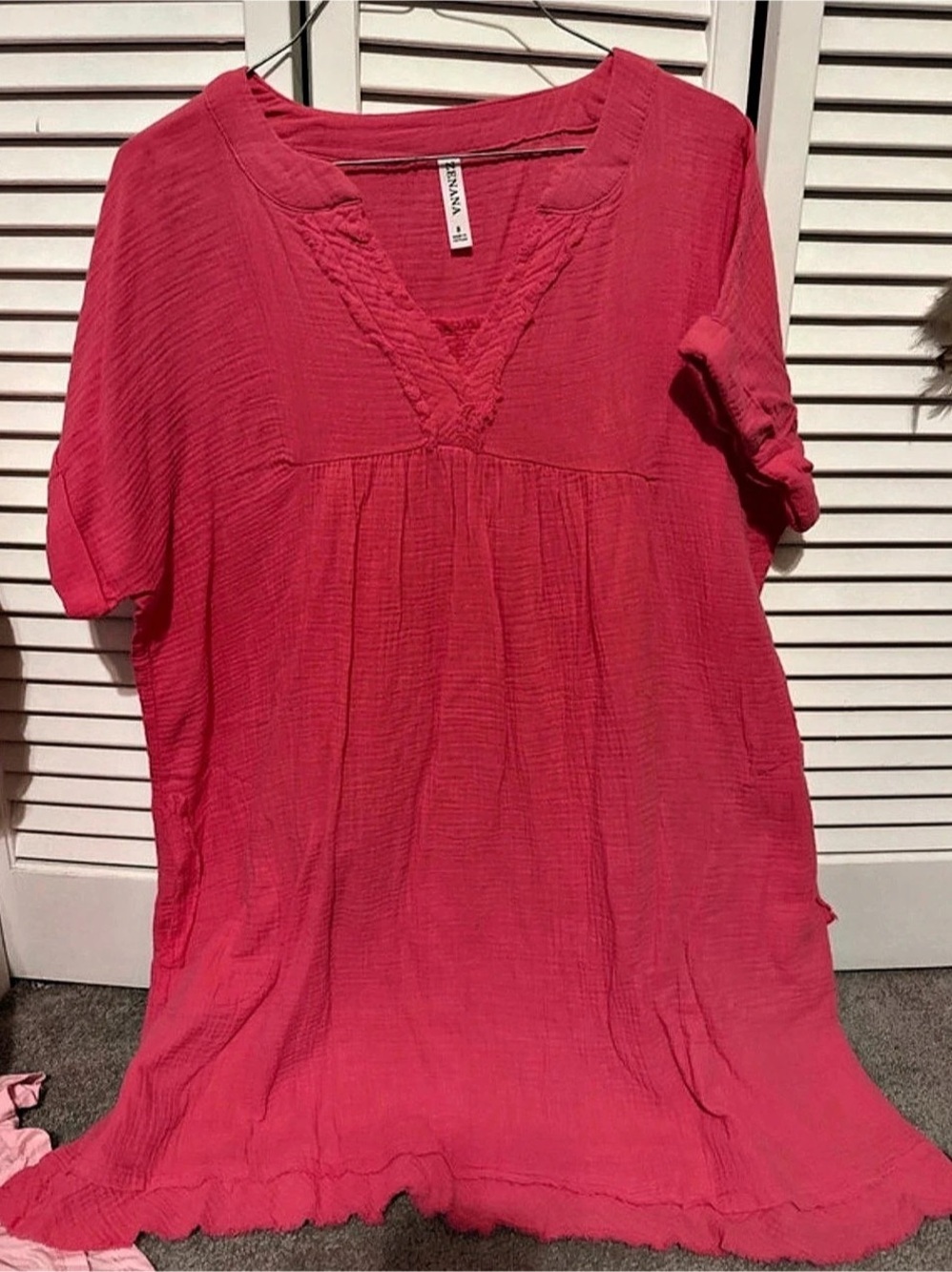 Zenana Washed Double Gauze Raw Edge V-Neck Dress Pink